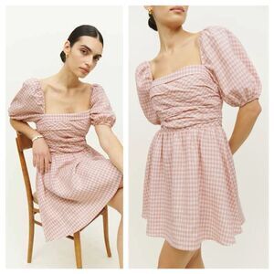 Reformation Mini Dress Zula 100% Linen Pink Gingham Plaid Short Puff Sleeve sz 2